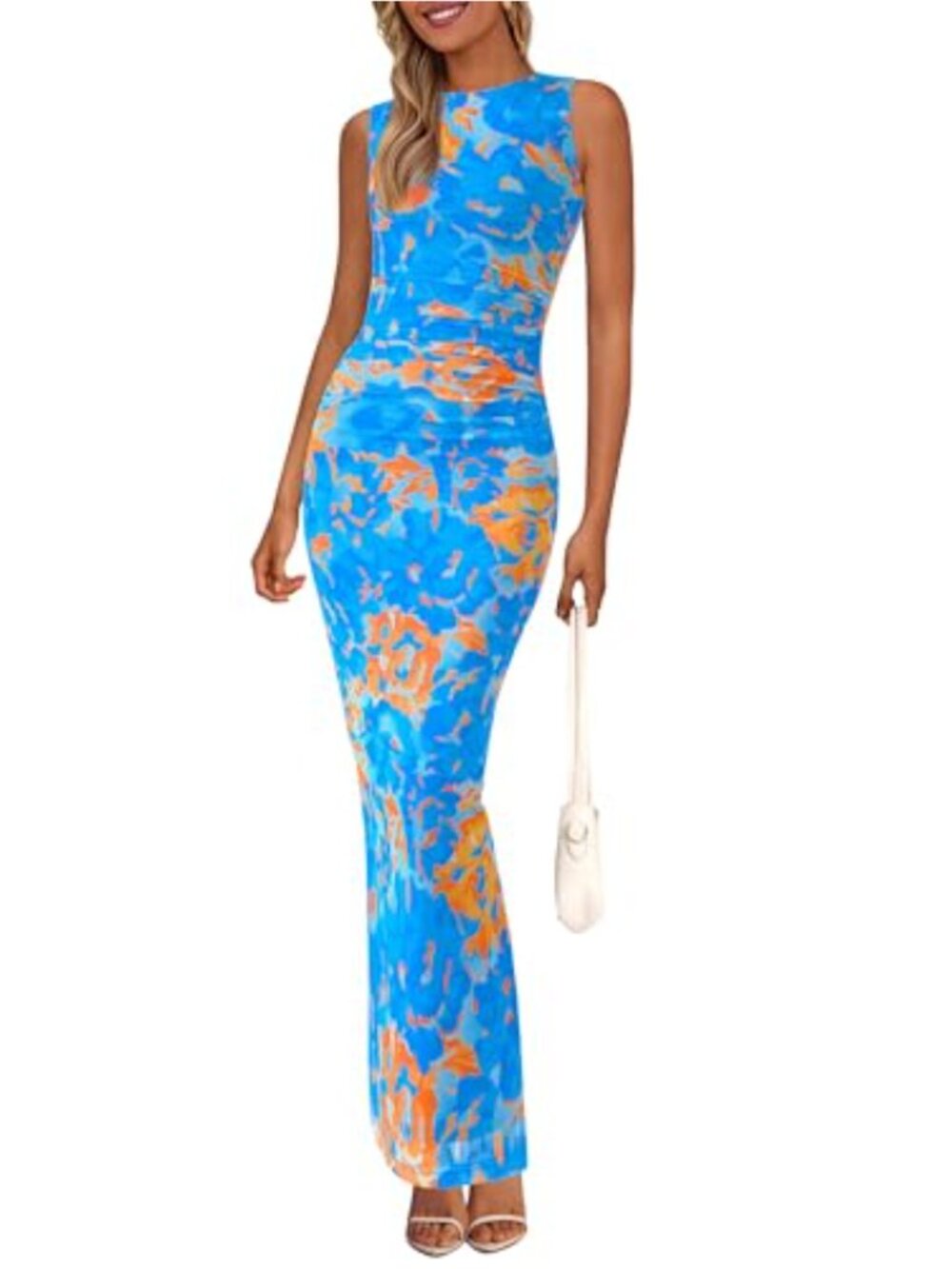 Sleeveless Floral Bodycon Maxi Dress Ruched Mesh
